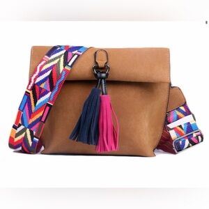 Vegan leather tassel front detail aztec print strap crossbody bag
